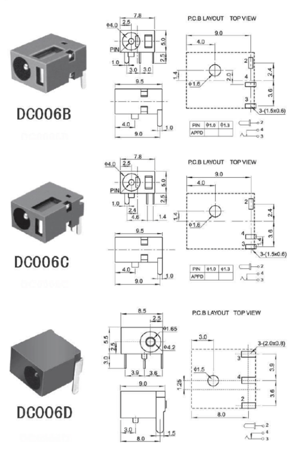 DC插座的各種規(guī)格和尺寸焊接圖