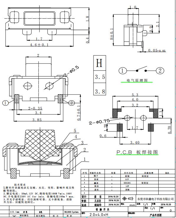 2X4輕觸開關250gf規格書